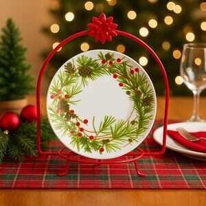 Hallmark Christmas Pinecone Berry Wreath Plate w/ Red Metal Stand Holiday Decor